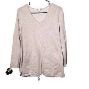 J Jill Pure Jill Shirt Large Tan Knit V-Neck Pockets Casual Comfort Breathable